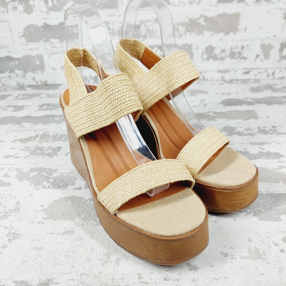 NEW Lucky Brand Delukah Cream Tan Ankle Strap Slingback Wedge Sandals V29 - Picture 4 of 12